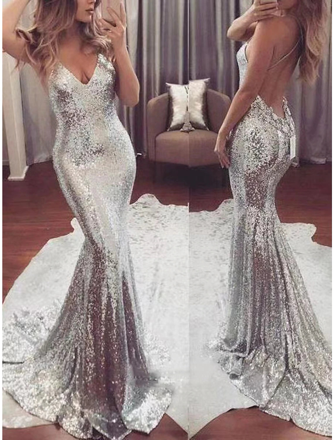 Mermaid / Trumpet Evening Gown Sparkle & Shine Dress Formal Wedding Guest Chapel Train Sleeveless V Neck Sequined with Sequin